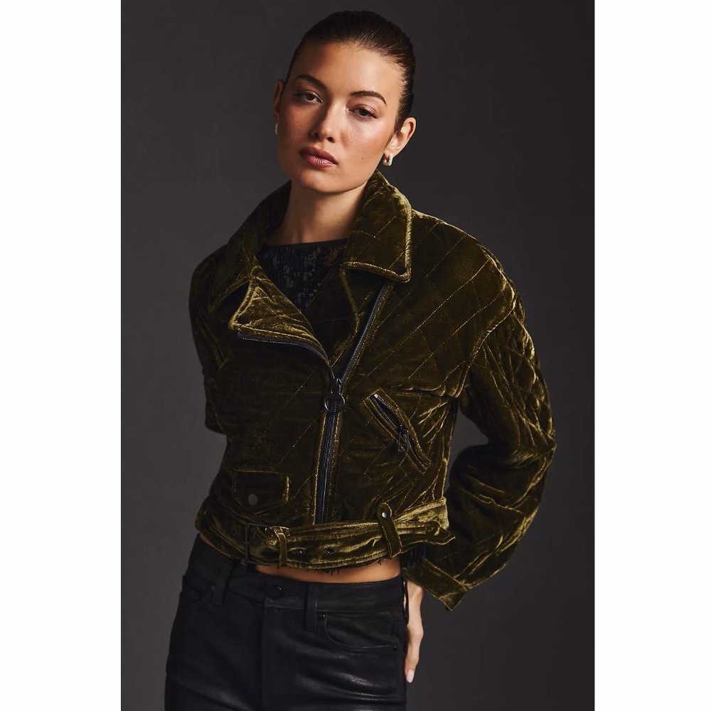 Anthropologie Avec Les Filles Cropped Velvet Moto Jacket - Kelly Olive Green - M